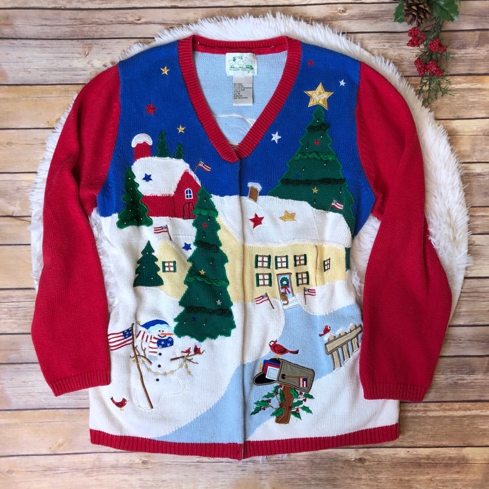 The Quacker Factory Vintage Christmas Holiday Sweater Cardigan Medium